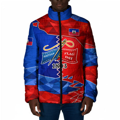 Haiti Flag Day Arcahaie 1803 Padded Jacket Geometric Low Poly Flag Art - Birthplace Of Liberty Graphic