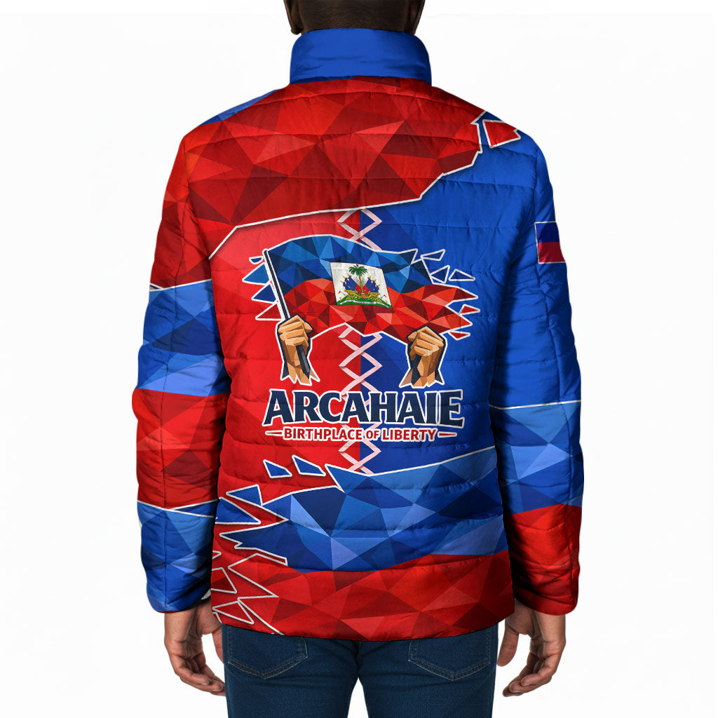 Haiti Flag Day Arcahaie 1803 Padded Jacket Geometric Low Poly Flag Art - Birthplace Of Liberty Graphic