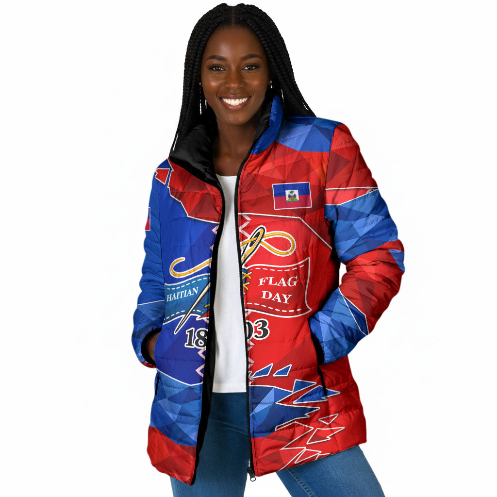 Haiti Flag Day Arcahaie 1803 Padded Jacket Geometric Low Poly Flag Art - Birthplace Of Liberty Graphic