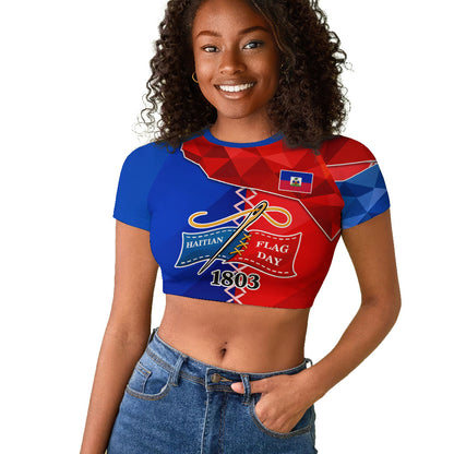 Haiti Flag Day Arcahaie 1803 Raglan Cropped T shirt Geometric Low Poly Flag Art - Birthplace Of Liberty Graphic