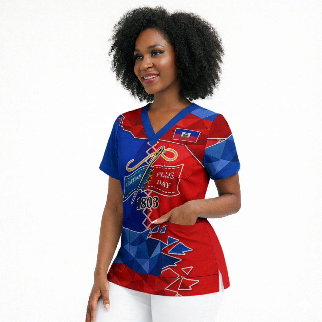 Haiti Flag Day Arcahaie 1803 Scrub Top Geometric Low Poly Flag Art - Birthplace Of Liberty Graphic