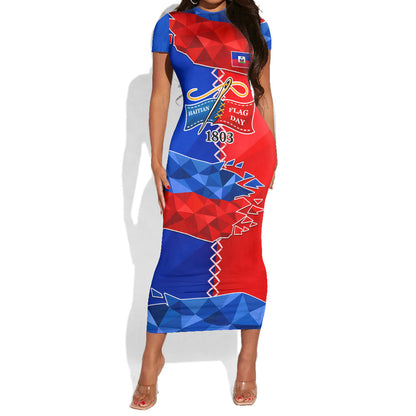 Haiti Flag Day Arcahaie 1803 Short Sleeve Bodycon Dress Geometric Low Poly Flag Art - Birthplace Of Liberty Graphic