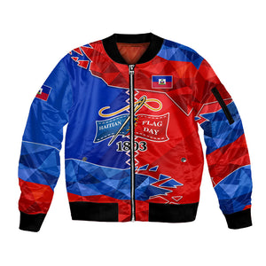 Haiti Flag Day Arcahaie 1803 Sleeve Zip Bomber Jacket Geometric Low Poly Flag Art - Birthplace Of Liberty Graphic
