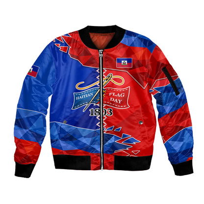 Haiti Flag Day Arcahaie 1803 Sleeve Zip Bomber Jacket Geometric Low Poly Flag Art - Birthplace Of Liberty Graphic