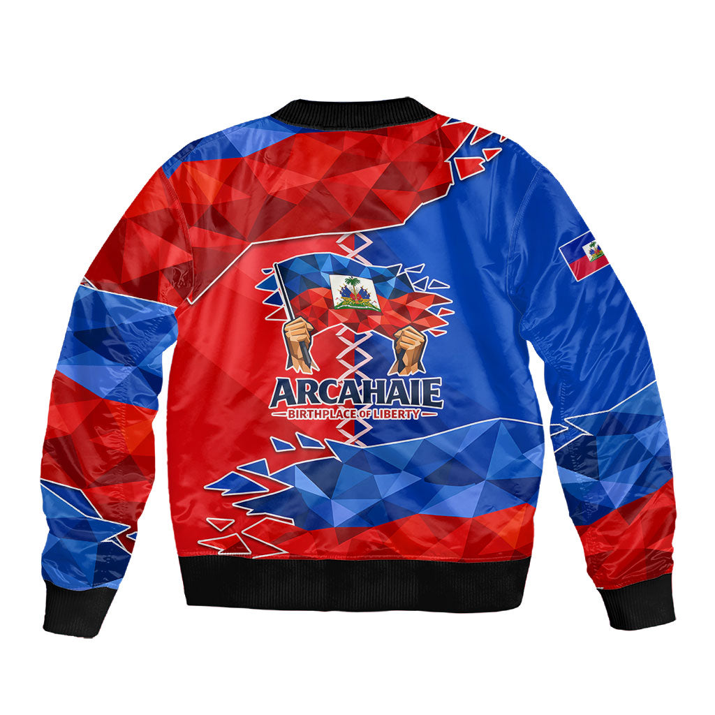 Haiti Flag Day Arcahaie 1803 Sleeve Zip Bomber Jacket Geometric Low Poly Flag Art - Birthplace Of Liberty Graphic