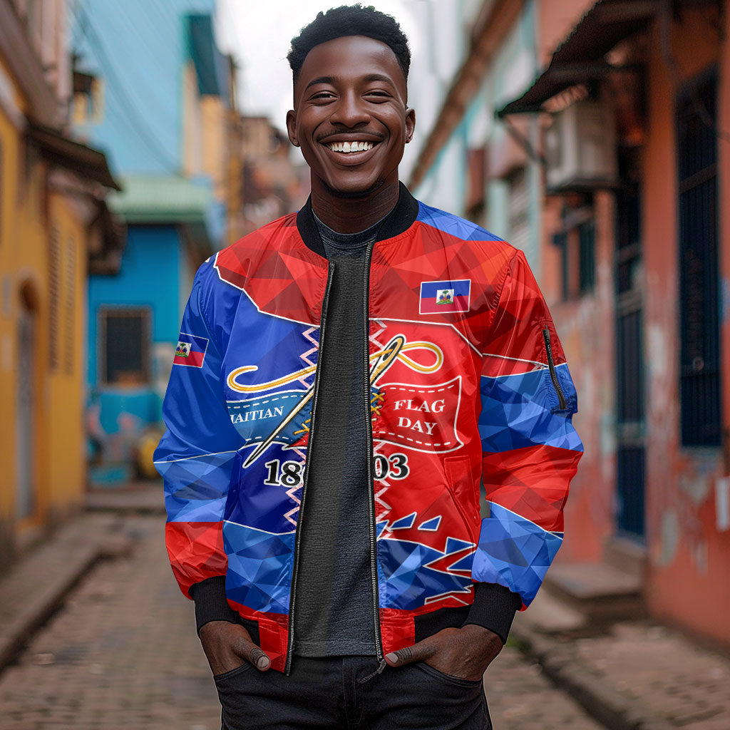 Haiti Flag Day Arcahaie 1803 Sleeve Zip Bomber Jacket Geometric Low Poly Flag Art - Birthplace Of Liberty Graphic