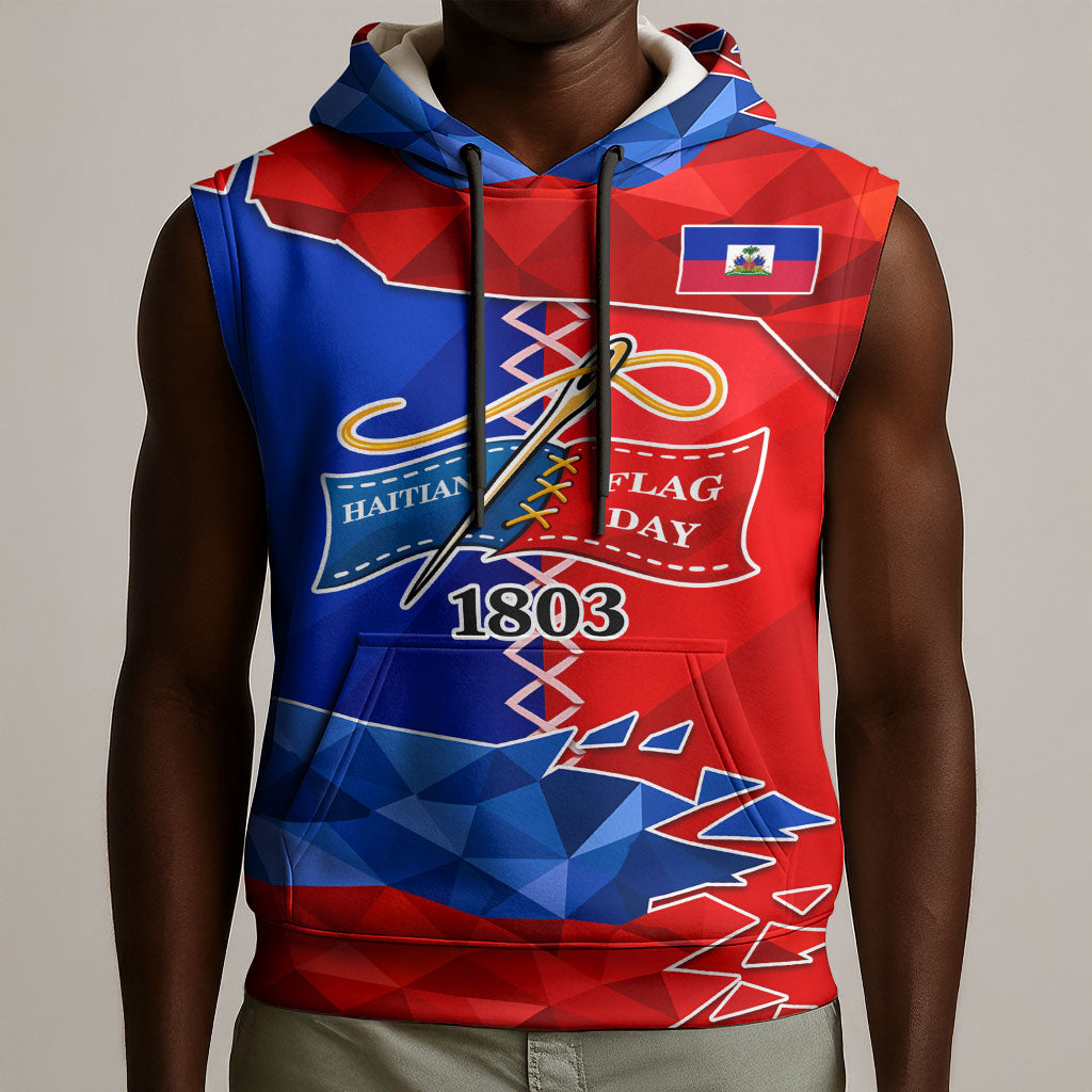 Haiti Flag Day Arcahaie 1803 Sleeveless Hoodie Geometric Low Poly Flag Art - Birthplace Of Liberty Graphic