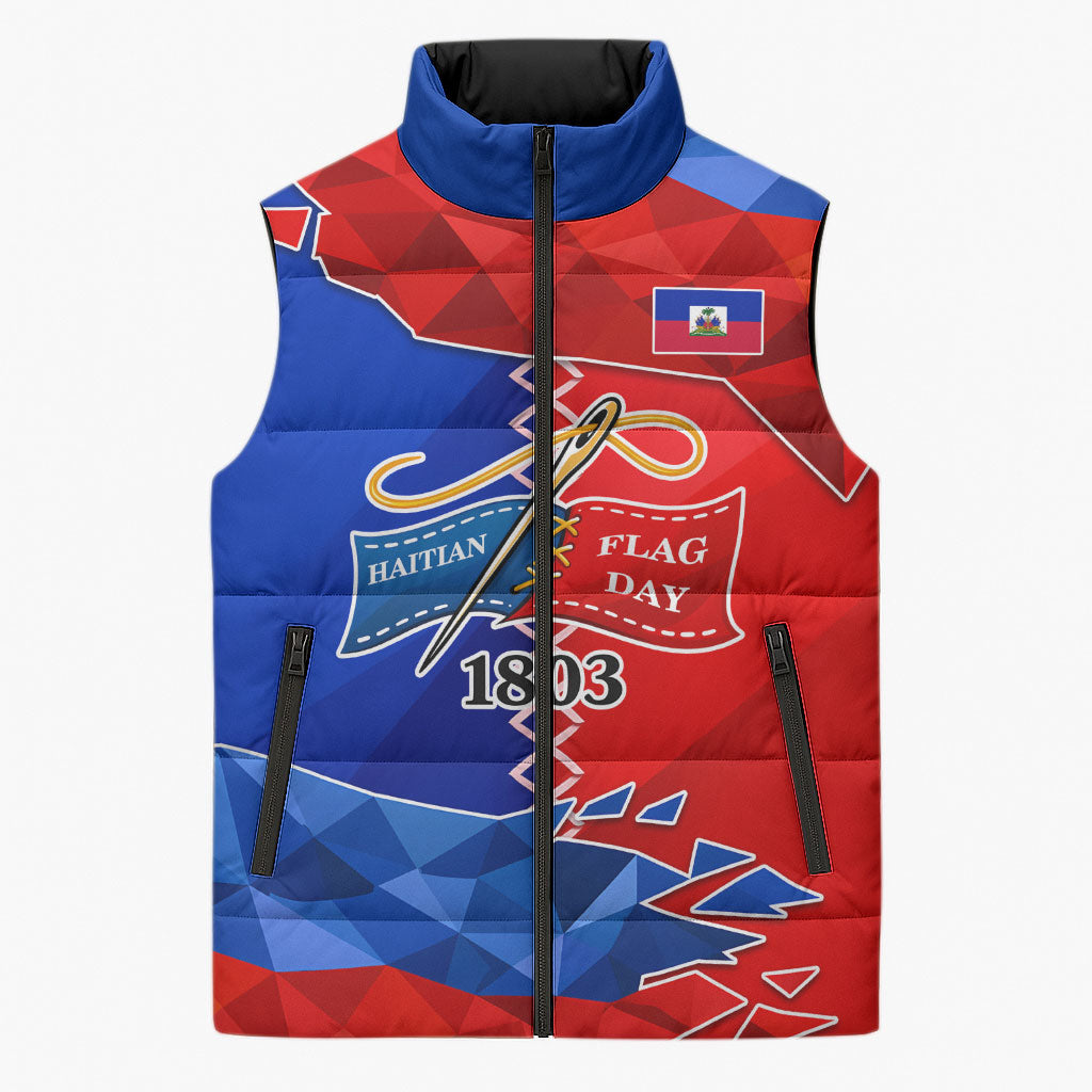 Haiti Flag Day Arcahaie 1803 Sleeveless Puffer Jacket Geometric Low Poly Flag Art - Birthplace Of Liberty Graphic