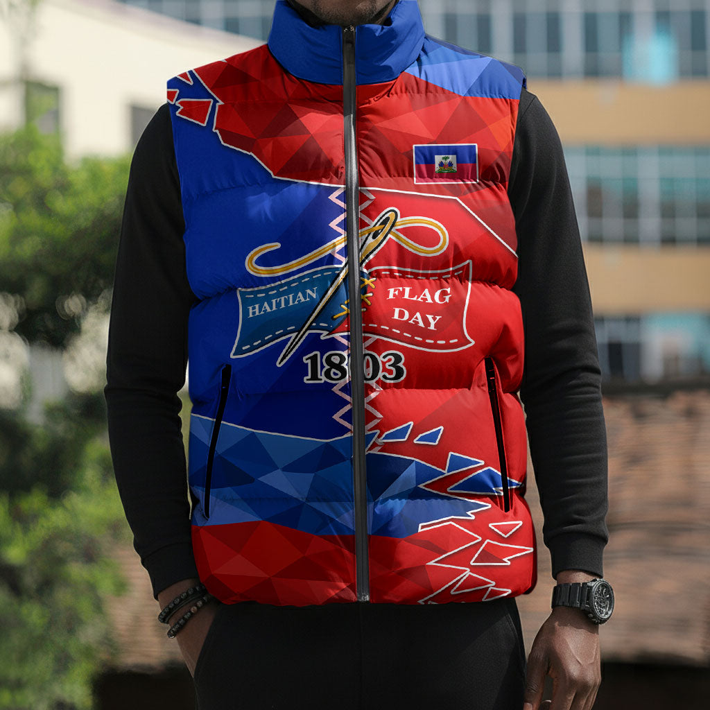 Haiti Flag Day Arcahaie 1803 Sleeveless Puffer Jacket Geometric Low Poly Flag Art - Birthplace Of Liberty Graphic