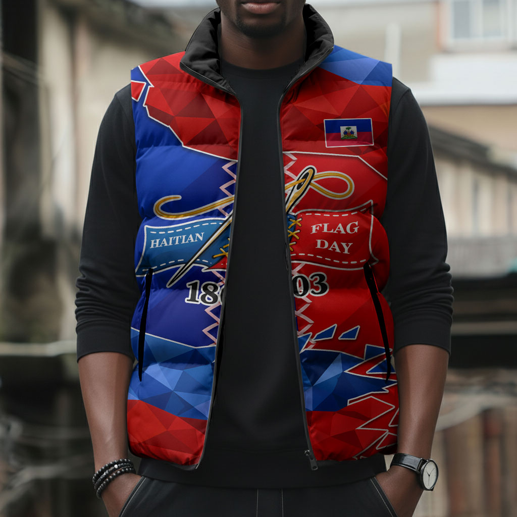 Haiti Flag Day Arcahaie 1803 Sleeveless Puffer Jacket Geometric Low Poly Flag Art - Birthplace Of Liberty Graphic