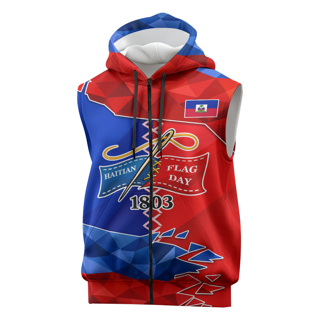 Haiti Flag Day Arcahaie 1803 Sleeveless Zip Hoodie Geometric Low Poly Flag Art - Birthplace Of Liberty Graphic
