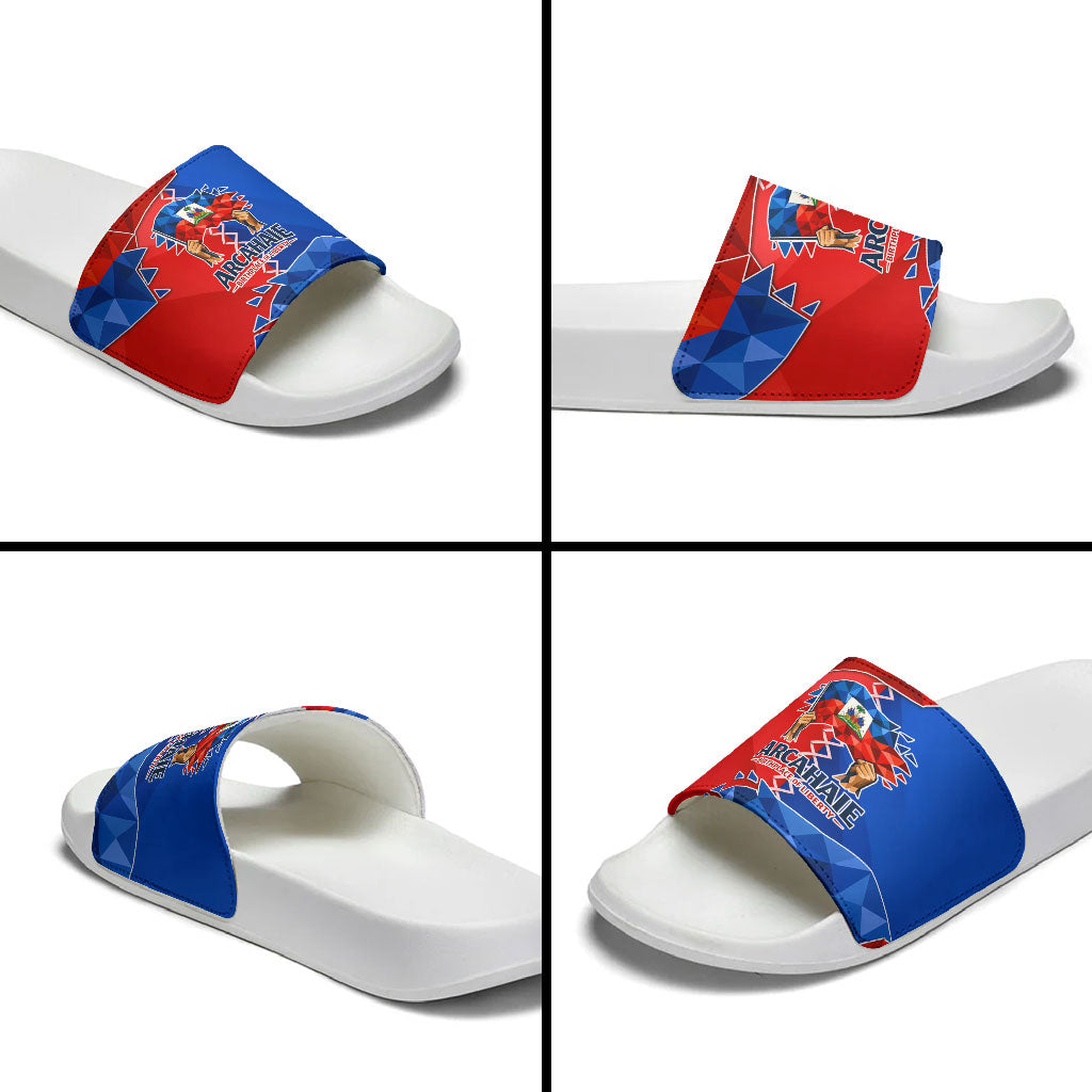 Haiti Flag Day Arcahaie 1803 Slide Sandals Geometric Low Poly Flag Art - Birthplace Of Liberty Graphic