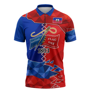Haiti Flag Day Arcahaie 1803 Zipper Polo Shirt Geometric Low Poly Flag Art - Birthplace Of Liberty Graphic