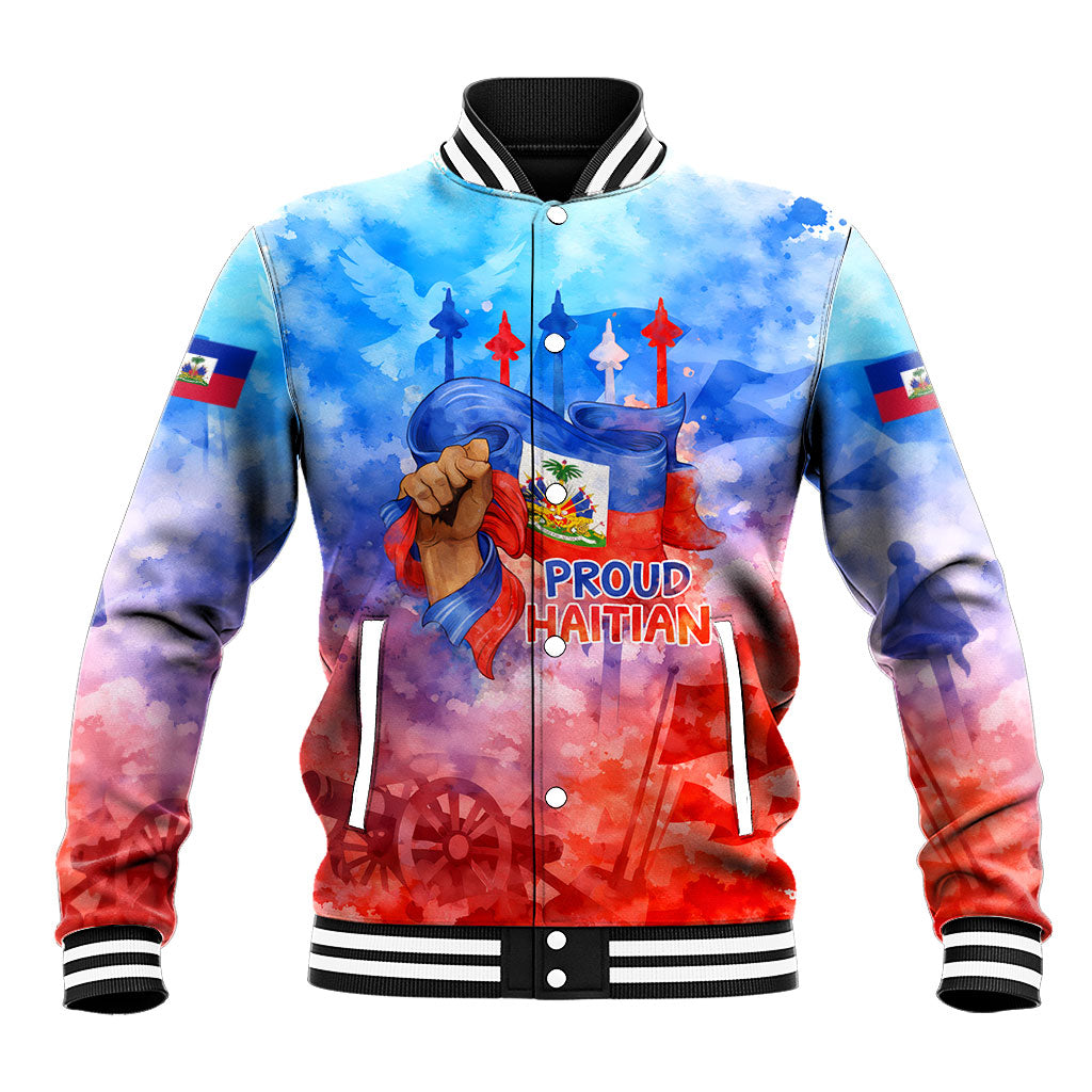 Proud Haitian Flag Day L Union Fait La Force Baseball Jacket Artistic Watercolor Heritage Design With Raised Fist And Flag