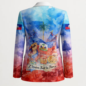 Proud Haitian Flag Day L Union Fait La Force Blazer Artistic Watercolor Heritage Design With Raised Fist And Flag
