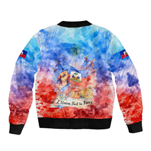 Proud Haitian Flag Day L Union Fait La Force Bomber Jacket Artistic Watercolor Heritage Design With Raised Fist And Flag