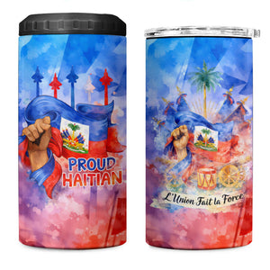 Proud Haitian Flag Day L Union Fait La Force 4 in 1 Can Cooler Tumbler Artistic Watercolor Heritage Design With Raised Fist And Flag