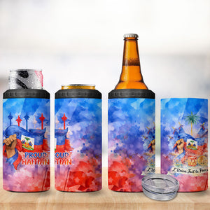 Proud Haitian Flag Day L Union Fait La Force 4 in 1 Can Cooler Tumbler Artistic Watercolor Heritage Design With Raised Fist And Flag
