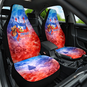 Proud Haitian Flag Day L Union Fait La Force Car Seat Cover Artistic Watercolor Heritage Design With Raised Fist And Flag