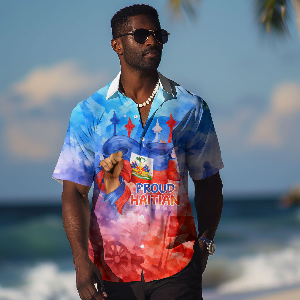 Proud Haitian Flag Day L Union Fait La Force Hawaiian Shirt Artistic Watercolor Heritage Design With Raised Fist And Flag