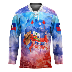 Proud Haitian Flag Day L Union Fait La Force Hockey Jersey Artistic Watercolor Heritage Design With Raised Fist And Flag