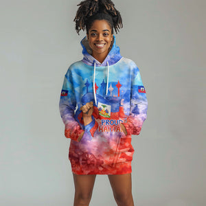 Proud Haitian Flag Day L Union Fait La Force Hoodie Dress Artistic Watercolor Heritage Design With Raised Fist And Flag