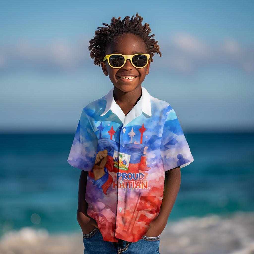 Proud Haitian Flag Day L Union Fait La Force Kid Hawaiian Shirt Artistic Watercolor Heritage Design With Raised Fist And Flag