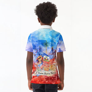 Proud Haitian Flag Day L Union Fait La Force Kid Polo Shirt Artistic Watercolor Heritage Design With Raised Fist And Flag