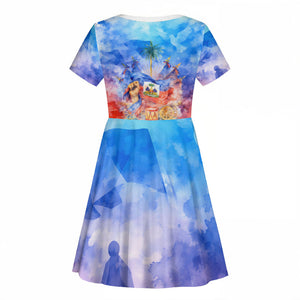 Proud Haitian Flag Day L Union Fait La Force Kid Short Sleeve Dress Artistic Watercolor Heritage Design With Raised Fist And Flag