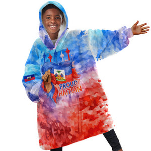 Proud Haitian Flag Day L Union Fait La Force Kid Wearable Blanket Hoodie Artistic Watercolor Heritage Design With Raised Fist And Flag
