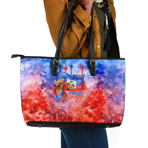 Proud Haitian Flag Day L Union Fait La Force Leather Tote Bag Artistic Watercolor Heritage Design With Raised Fist And Flag