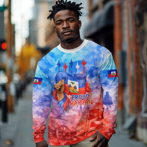 Proud Haitian Flag Day L Union Fait La Force Long Sleeve Shirt Artistic Watercolor Heritage Design With Raised Fist And Flag