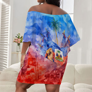 Proud Haitian Flag Day L Union Fait La Force Off Shoulder Short Dress Artistic Watercolor Heritage Design With Raised Fist And Flag