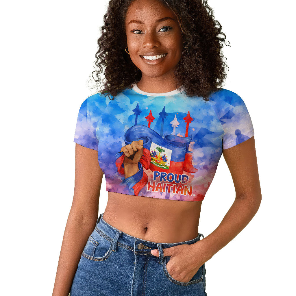 Proud Haitian Flag Day L Union Fait La Force Raglan Cropped T shirt Artistic Watercolor Heritage Design With Raised Fist And Flag