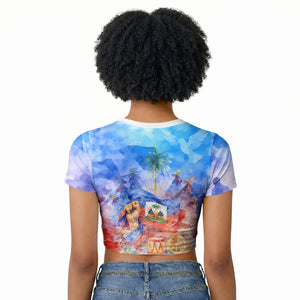 Proud Haitian Flag Day L Union Fait La Force Raglan Cropped T shirt Artistic Watercolor Heritage Design With Raised Fist And Flag
