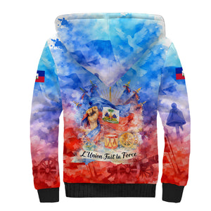 Proud Haitian Flag Day L Union Fait La Force Sherpa Hoodie Artistic Watercolor Heritage Design With Raised Fist And Flag