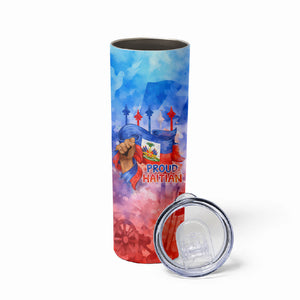 Proud Haitian Flag Day L Union Fait La Force Skinny Tumbler Artistic Watercolor Heritage Design With Raised Fist And Flag