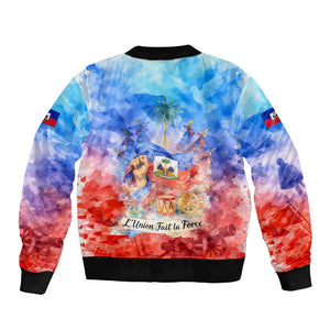 Proud Haitian Flag Day L Union Fait La Force Sleeve Zip Bomber Jacket Artistic Watercolor Heritage Design With Raised Fist And Flag