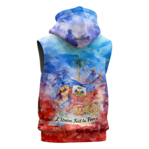 Proud Haitian Flag Day L Union Fait La Force Sleeveless Zip Hoodie Artistic Watercolor Heritage Design With Raised Fist And Flag