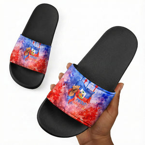 Proud Haitian Flag Day L Union Fait La Force Slide Sandals Artistic Watercolor Heritage Design With Raised Fist And Flag
