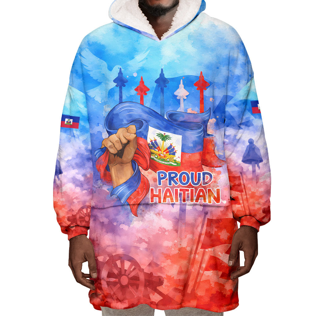 Proud Haitian Flag Day L Union Fait La Force Wearable Blanket Hoodie Artistic Watercolor Heritage Design With Raised Fist And Flag