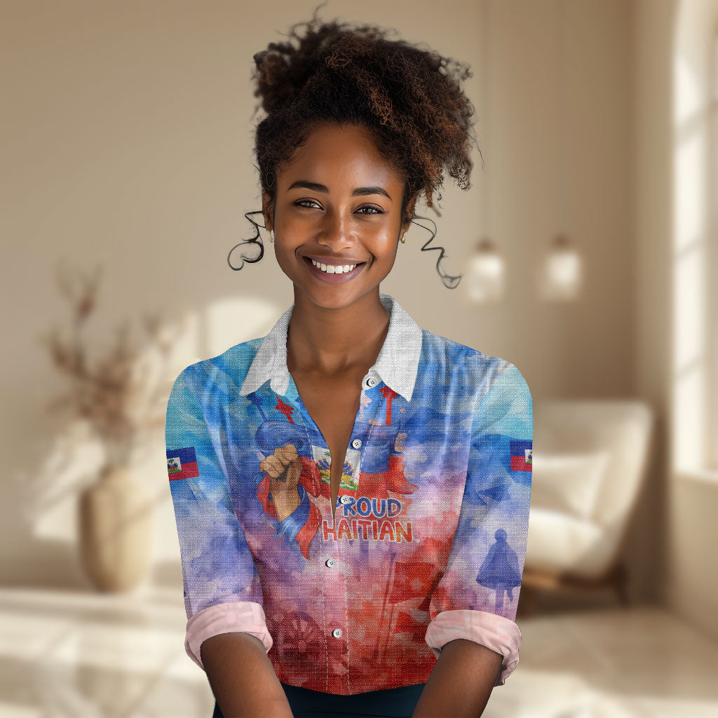 Proud Haitian Flag Day L Union Fait La Force Women Casual Shirt Artistic Watercolor Heritage Design With Raised Fist And Flag