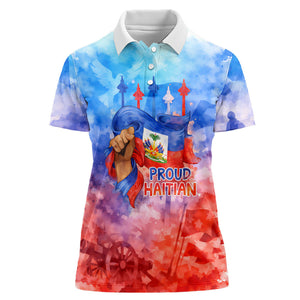 Proud Haitian Flag Day L Union Fait La Force Women Polo Shirt Artistic Watercolor Heritage Design With Raised Fist And Flag