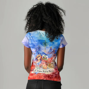 Proud Haitian Flag Day L Union Fait La Force Women V-Neck T-Shirt Artistic Watercolor Heritage Design With Raised Fist And Flag