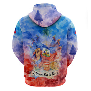 Proud Haitian Flag Day L Union Fait La Force Zip Hoodie Artistic Watercolor Heritage Design With Raised Fist And Flag