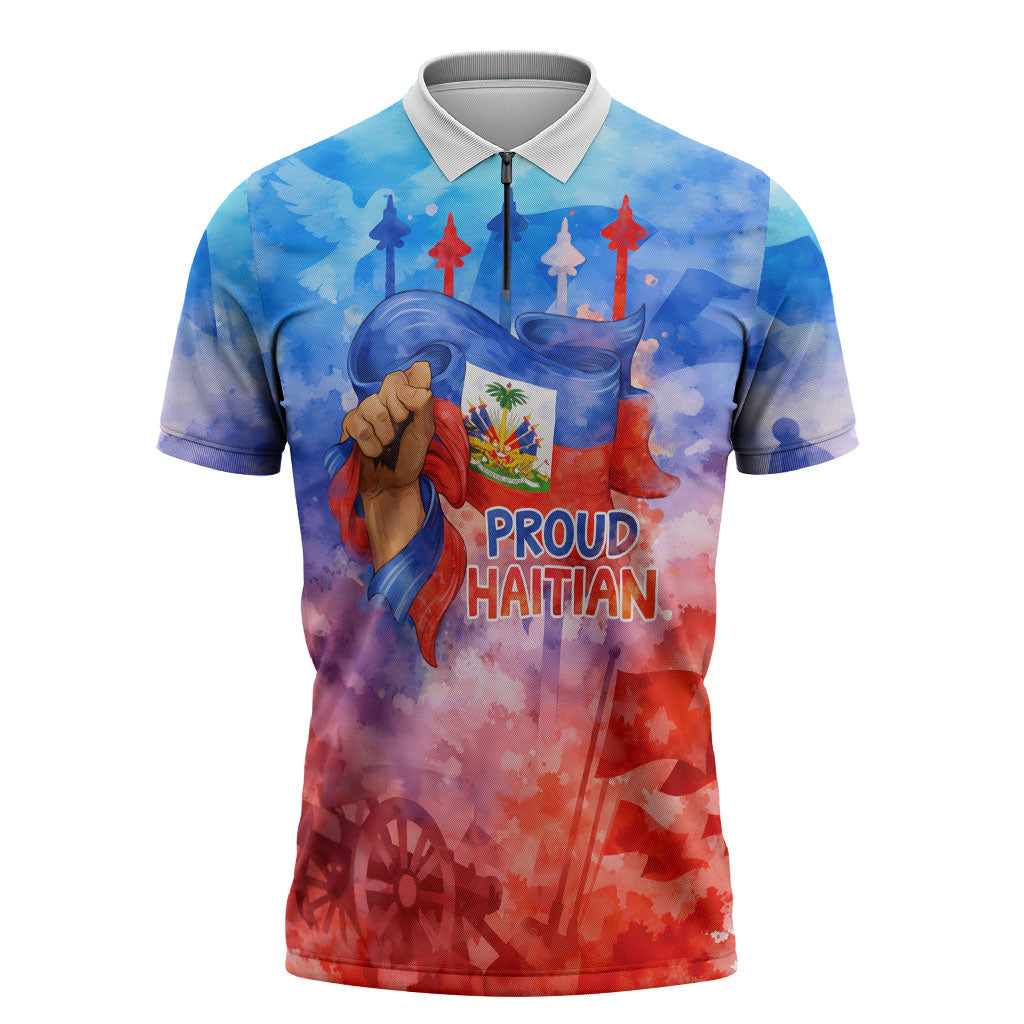 Proud Haitian Flag Day L Union Fait La Force Zipper Polo Shirt Artistic Watercolor Heritage Design With Raised Fist And Flag