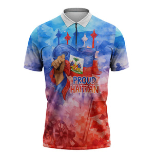 Proud Haitian Flag Day L Union Fait La Force Zipper Polo Shirt Artistic Watercolor Heritage Design With Raised Fist And Flag