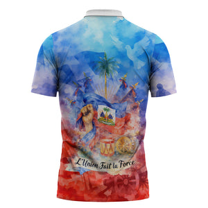 Proud Haitian Flag Day L Union Fait La Force Zipper Polo Shirt Artistic Watercolor Heritage Design With Raised Fist And Flag