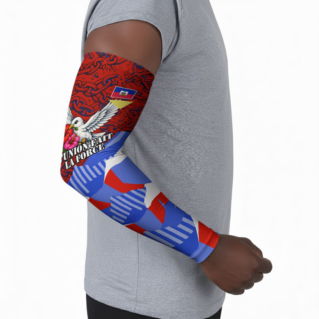 Haiti Flag Day Soul Of The Free L Union Fait La Force Arm Sleeves Peace Dove And Power Fist Art With Hibiscus And Broken Chains
