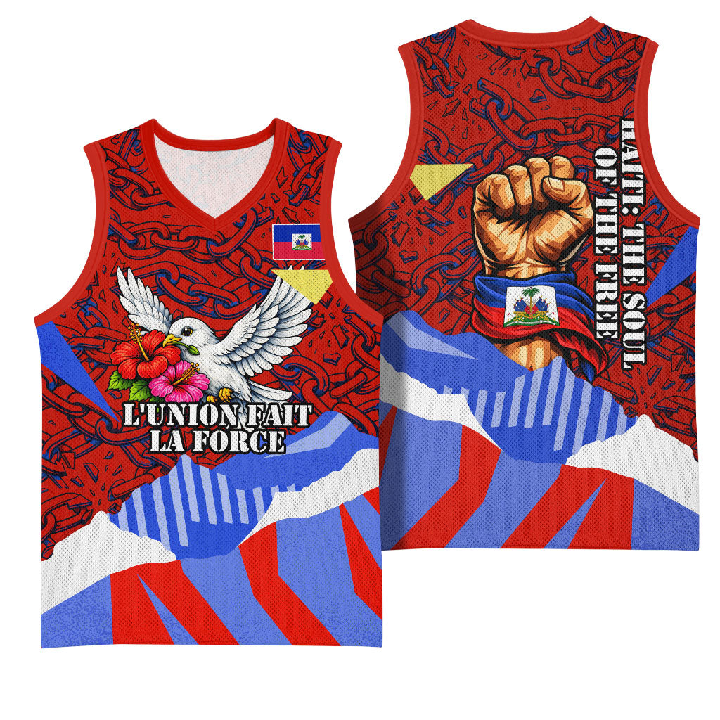 Haiti Flag Day Soul Of The Free L Union Fait La Force Basketball Jersey Peace Dove And Power Fist Art With Hibiscus And Broken Chains